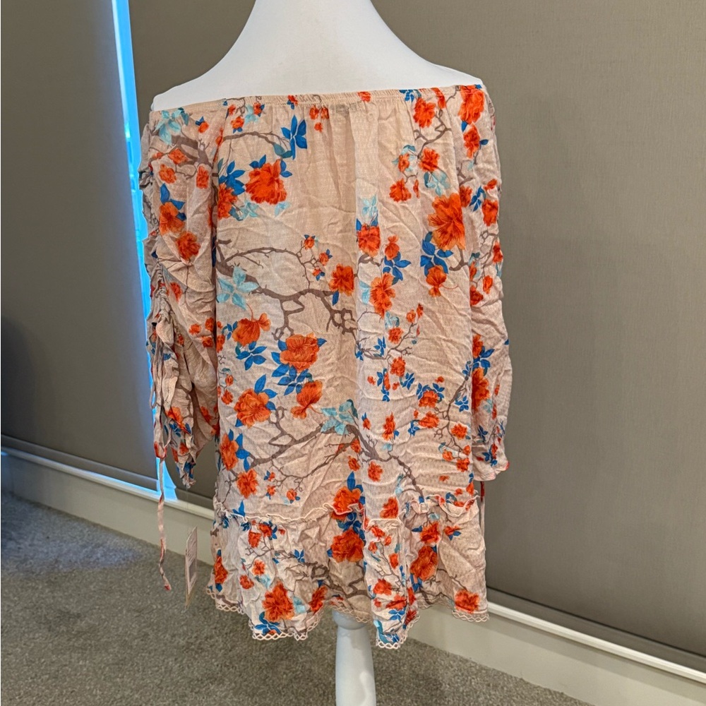 Democracy Floral Off-Shoulder Top - Orange and Blue